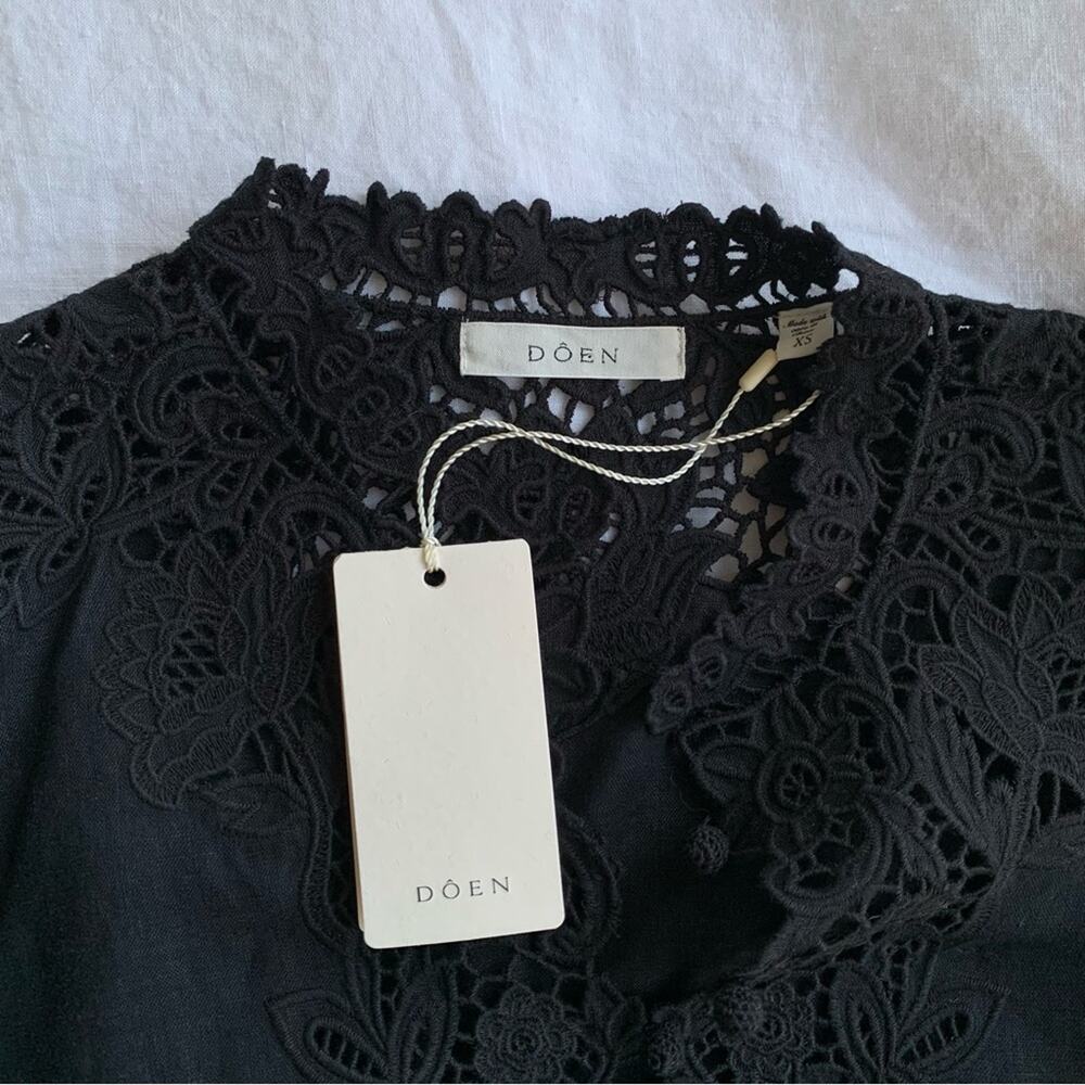 NWT Doen Roselie Linen Lace Crochet Collar 3/4 Sleeve Tunic Mini Dress Black - Picture 11 of 16